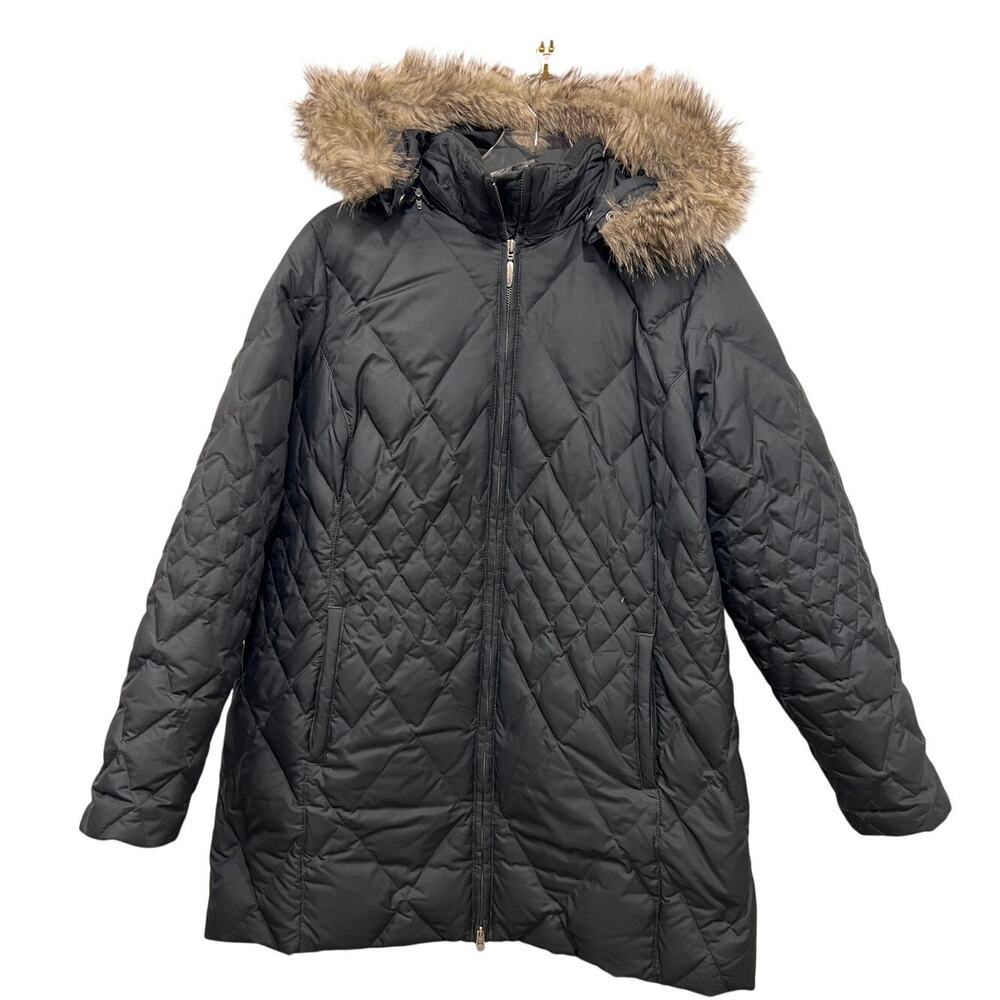 Eddie Bauer Premium Goose Down Quilted Parka Coat‎ Faux Fur Hood Black 1X Winter